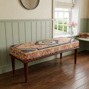 Orange Blue Heritage Shoe Bench | Narrow Entryway Seat | Maximalist Ottoman