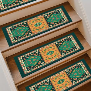Green Orange Patchwork Floral Stair Treads Non-Slip Washable Mat M-726