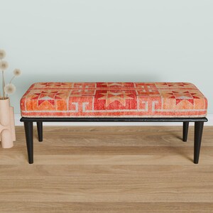 Ottoman bench, Window bench, Bed bench, Bedroom bench, Upholstered bench, Decor bench, Farmhouse bench, Orange fabric bench, Wood bench, 04