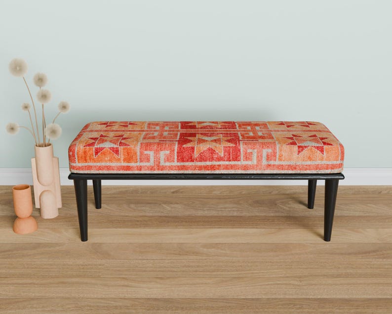 Ottoman bench, Window bench, Bed bench, Bedroom bench, Upholstered bench, Decor bench, Farmhouse bench, Orange fabric bench, Wood bench, 04
