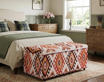 Organizador de pasillo, Almacenamiento junto a la cama, Regalo único, Banco de lavandería, Almacenamiento naranja, Banco de interior, Asiento cómodo, Baúl con estampado kilim, 165-04