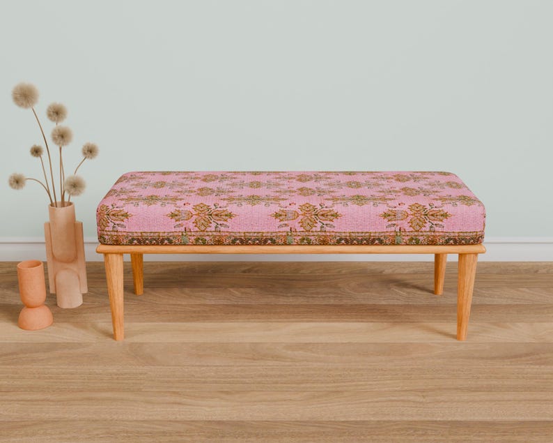 Pink oriental bench, Comfort bench, End of bed bench, Handmade bench, Livingroom bench, Makeup bench, Home decor bench, Kitchen seat, 337-01