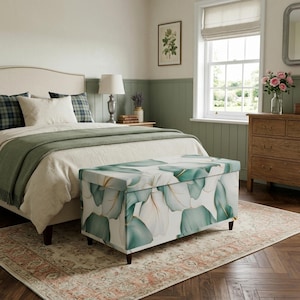 Green White Botanical Ottoman Bench | Living Room Footrest | Modern Accent Chest