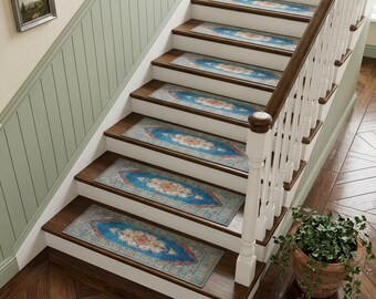 Teal Rust Floral Print Stair Mat | Slip Resistant Carpet Runner | Traditional Elegance Step Cover