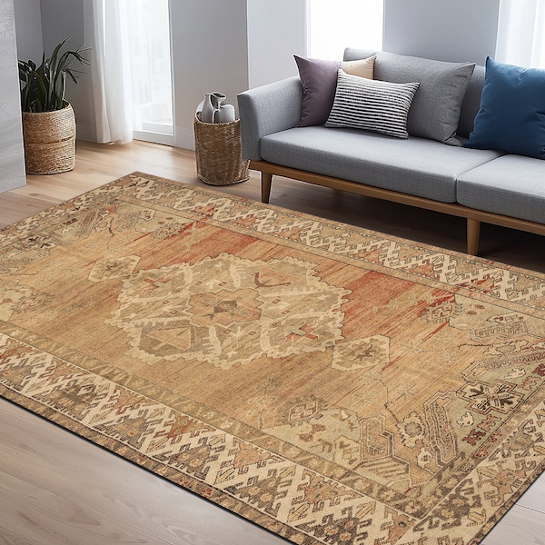 Rugs for living room, Distressed rug, Ethnic rug, Oushak pattern rug, Worn looking rug, Oriental rug, Traditional rug, Soft turkish rug