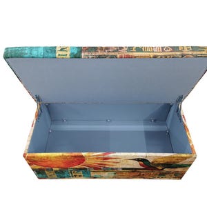 Boho upholstered ottoman bench with Egyptian art design, colorful storage chest with lid, perfect for storing blankets or accessories, entryway seating furniture.