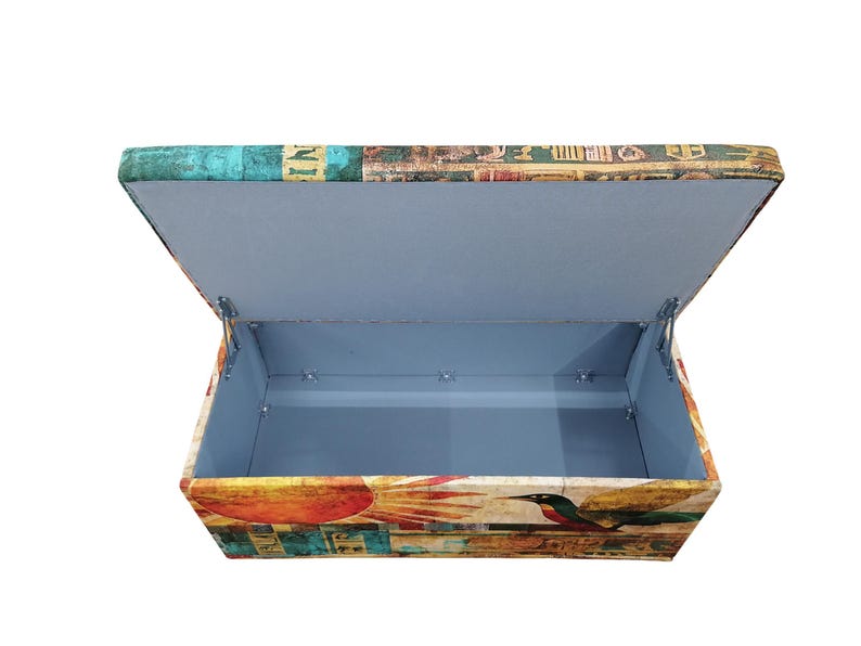 Boho upholstered ottoman bench with Egyptian art design, colorful storage chest with lid, perfect for storing blankets or accessories, entryway seating furniture.