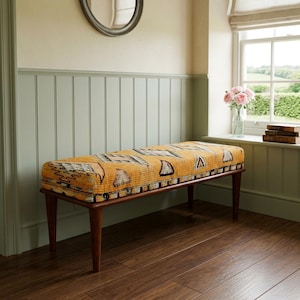 Geometric pattern bench, Upholstered bench, Printed rug bench, Livingroom ottoman bench, Handmade wooden bench, Moroccan style bench, 331-01