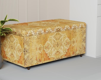 Rustic storage ottoman, Oriental motifs upholstered bench, Yellow kilim pattern bench, Ottoman bench for living room, Vanity bench, 343-03
