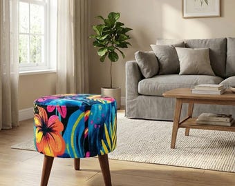 Pouf im tropischen Design, Sommerbank, Fröhliche Wohndekoration, Runder Flurhocker, Ottomane Klavierbank, Handgefertigter Fußhocker, M-132