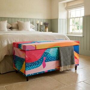 Vibrant Storage Bench: Pink Blue Patterned Ottoman with Hidden Compartment