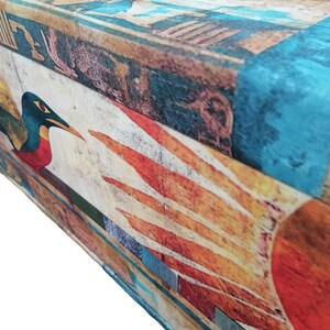 Boho upholstered ottoman bench with Egyptian art design, colorful storage chest with lid, perfect for storing blankets or accessories, entryway seating furniture.