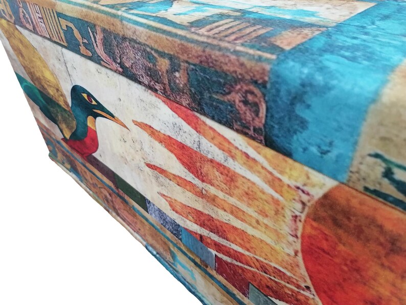 Boho upholstered ottoman bench with Egyptian art design, colorful storage chest with lid, perfect for storing blankets or accessories, entryway seating furniture.