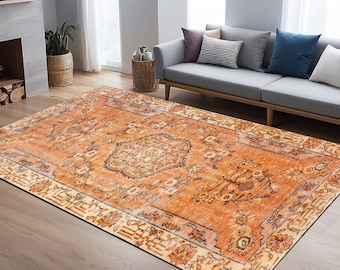 Botanical rug, Digital print rug, Bedroom area rug, Basement rug, Turkish pattern rug, Orange rug, Cotton rug, Non slip bath mat, Boho rug