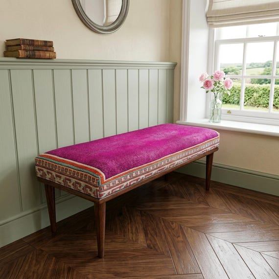 Pink bench, Ottoman bench, Sitting bench, Wood work bench, Living room bench, Bedroom bench, Handmade furniture, Boho bench, Ethnic bench
