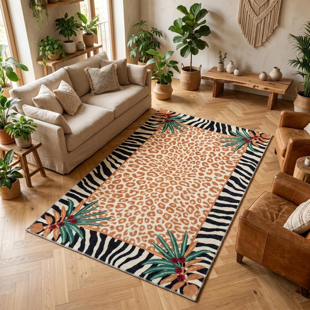 Rectangular Safari Area Rug, Leopard Zebra Border, Tropical Design