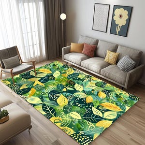 Leaf print rug, Artistic runner rug, Rug for corridor, Green color rug, Living room rug, Terrace rug, Under table rug, Washable rug