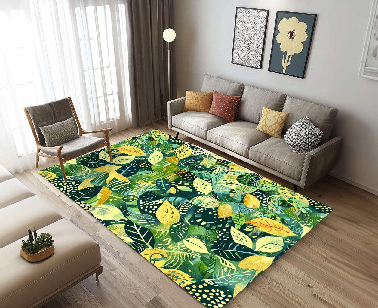 Leaf print rug, Artistic runner rug, Rug for corridor, Green color rug, Living room rug, Terrace rug, Under table rug, Washable rug