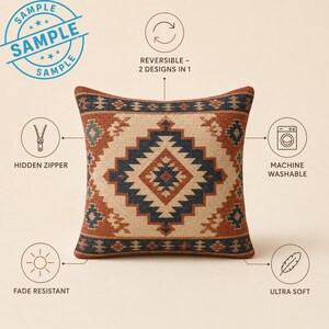 a decorative throw pillow with a geometric pattern in shades of brown and beige. The pillow has several features, including a hidden zipper, machine washable, fade resistant, and ultra soft.