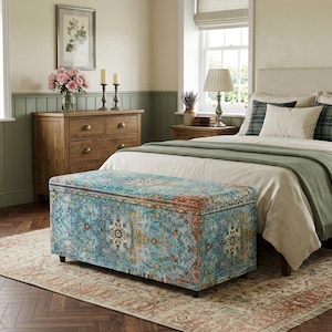 Blue floral trunk, Primitive storage, Coffee table bench, Multipurpose bench, Amazing organizer, Dressing room bench, Handmade trunk, 108-01