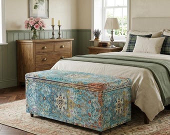 Blue floral trunk, Primitive storage, Coffee table bench, Multipurpose bench, Amazing organizer, Dressing room bench, Handmade trunk, 108-01