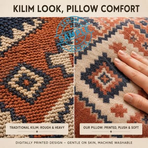 The image is a collage of two close-up photographs of a traditional Kilim, a type of woven textile, and a pillow. The text above the images reads "KILIM LOOK, PILLOW COMFORT" and below the images, it states "TRADITIONAL KILIM: ROUGH & HEAVY" and "OUR PILLOW: PRINTED, PLUSH & SOFT digitally printed design - GENTLE ON SKIN, MACHINE WASTABLE".
