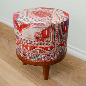 Vintage red bench, Round footrest, Clasic pouf stool, Contemporary pouf, Luxury round bench, Ottoman side table, Glamory decor, 262-01