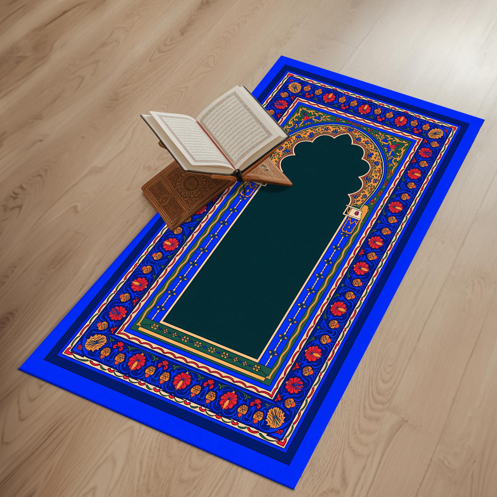 Floral Velvet Prayer Rug, Soft Texture Handmade Sujood Mat, Non
