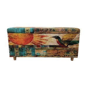 Boho upholstered ottoman bench with Egyptian art design, colorful storage chest with lid, perfect for storing blankets or accessories, entryway seating furniture.