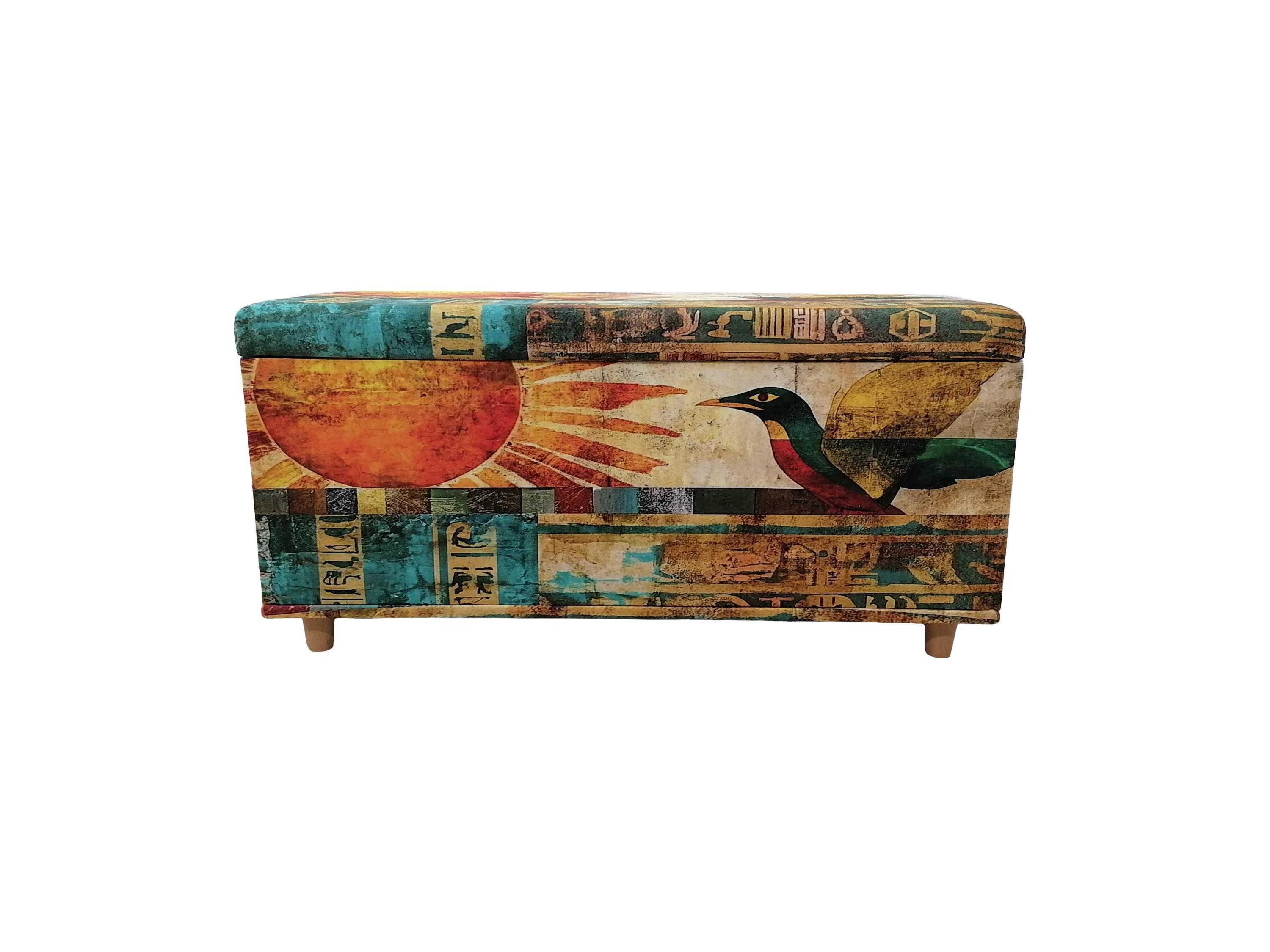 Boho upholstered ottoman bench with Egyptian art design, colorful storage chest with lid, perfect for storing blankets or accessories, entryway seating furniture.