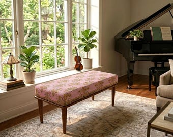 Blush Floral Ottoman | Bathroom Makeup Chair | Classic Wood Bench