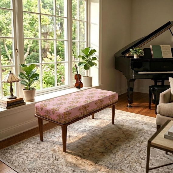 Blush Floral Ottoman | Bathroom Makeup Chair | Classic Wood Bench
