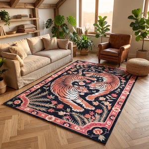 Tiger Rug – Exotic Animal Print Area Rug – Washable Non Slip Jungle Carpet – Botanical Oriental Style – Bold Statement Decor