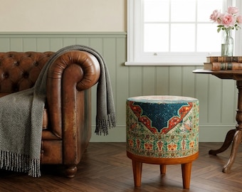 Boho Round Kilim Pouf – Handmade Colorful Ottoman Footstool with Wood Legs – Vintage Small Stool for Living Room Decor, 93-03