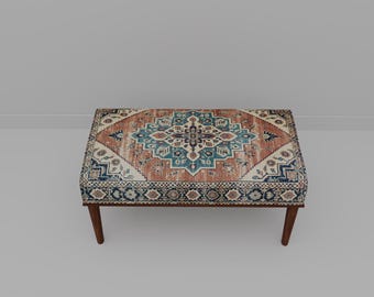 Antique bench, Traditional bench, Rustic entry bench, Hallway bench, Mudroom bench, Kilim upholstered bench, Stylish ottoman bench, M-256