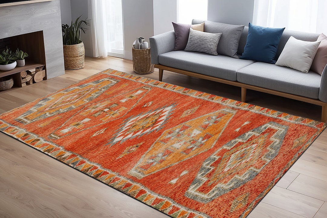 Vintage Pattern Rug, 5x7 Ft Large Rug, Farmhouse Herki Rug, Large Floor ...