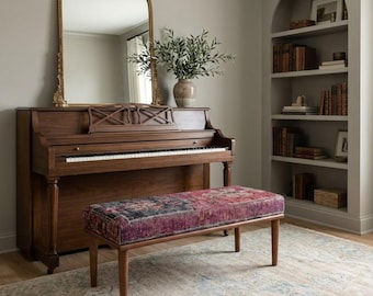 Red Kilim Upholstered Bench – Boho Entryway Ottoman with Wood Legs – Handmade Tribal Seating for Bedroom or Hallway