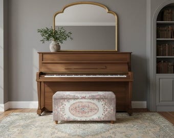 Floral Storage Ottoman Bench – Vintage Shabby Chic Upholstered Trunk with Lid – Romantic Bedroom or Entryway Organizer Seat, 314-01