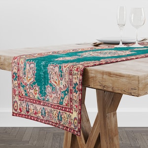 Detalles de mesa, camino de mesa verde azulado, camino de mesa familiar, estampados orientales, centro de mesa para bodas, camino de mesa hecho a mano, mantel acogedor