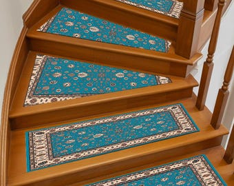 Boho Gedruckter Treppen Teppich, Blauer Läufer für Treppen, rutschfeste Stufenunterlage, neutrale Treppenstufen, langlebiger Flurteppich, elegante Stufenschichtmatte