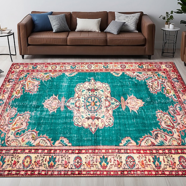 Boho decor rug, Teal print rug, Floral rug, Living room rug, Minimalist rug, Saloon rug, Corridor rug, Cozy rug, Anti slip rug, Entry rug