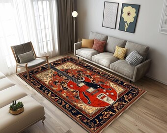 Bordered rug, Instrument print rug, Housewarming decor, Rustic hall rug, Durable rug, Floor covering rug, Easy to clean rug, Non slip rug