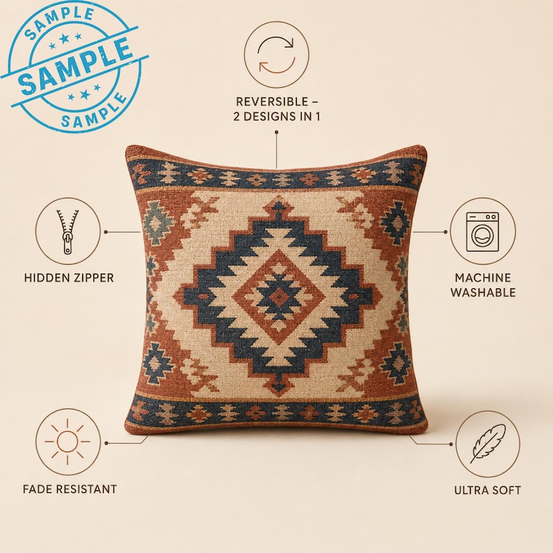 a decorative throw pillow with a geometric pattern in shades of brown and beige. The pillow has several features, including a hidden zipper, machine washable, fade resistant, and ultra soft.