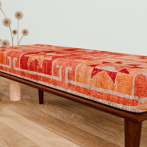 Ottoman bench, Window bench, Bed bench, Bedroom bench, Upholstered bench, Decor bench, Farmhouse bench, Orange fabric bench, Wood bench, 04