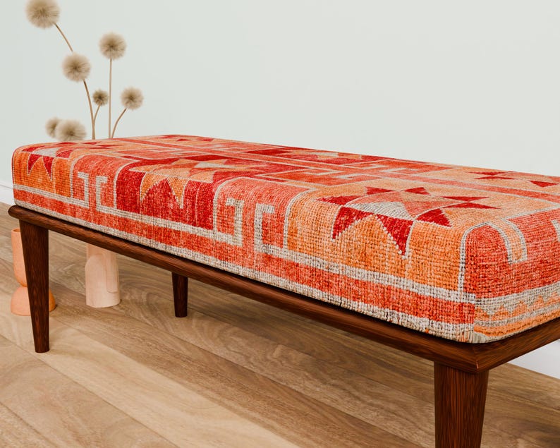 Ottoman bench, Window bench, Bed bench, Bedroom bench, Upholstered bench, Decor bench, Farmhouse bench, Orange fabric bench, Wood bench, 04