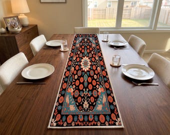 Black Suzani Bloom Table Runner | Entryway Console Scarf | Eclectic Kitchen Accent