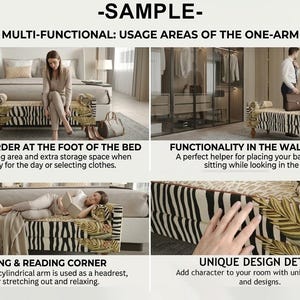 The image is a collage of four photos showcasing the stylish and multi-functional usage areas of a one-armed bench. The first photo shows the bench as a practical seating area and extra storage space, the second photo depicts the bench as a functional headrest and reading corner, the third photo highlights the bench's unique design details, and the fourth photo shows the bench as a relaxing and reading corner.