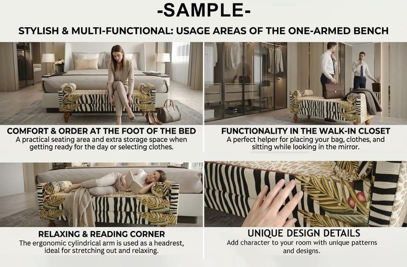 The image is a collage of four photos showcasing the stylish and multi-functional usage areas of a one-armed bench. The first photo shows the bench as a practical seating area and extra storage space, the second photo depicts the bench as a functional headrest and reading corner, the third photo highlights the bench's unique design details, and the fourth photo shows the bench as a relaxing and reading corner.