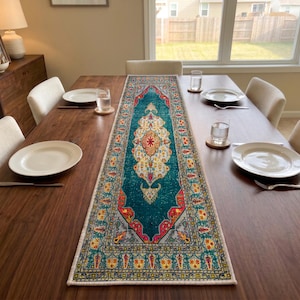 Teal Medallion Table Linen | Botanical Dresser Scarf | Bohemian Console Cover