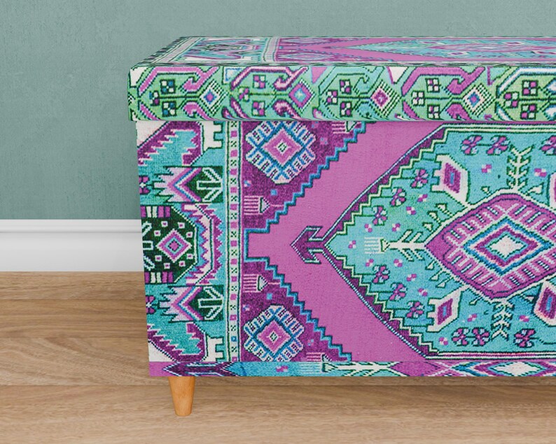Vintage pattern bench, Purple blue trunk, Handmade storage, Unique home decor, Kitchen organizer, Dressing bench, Daily use bench, 129-02